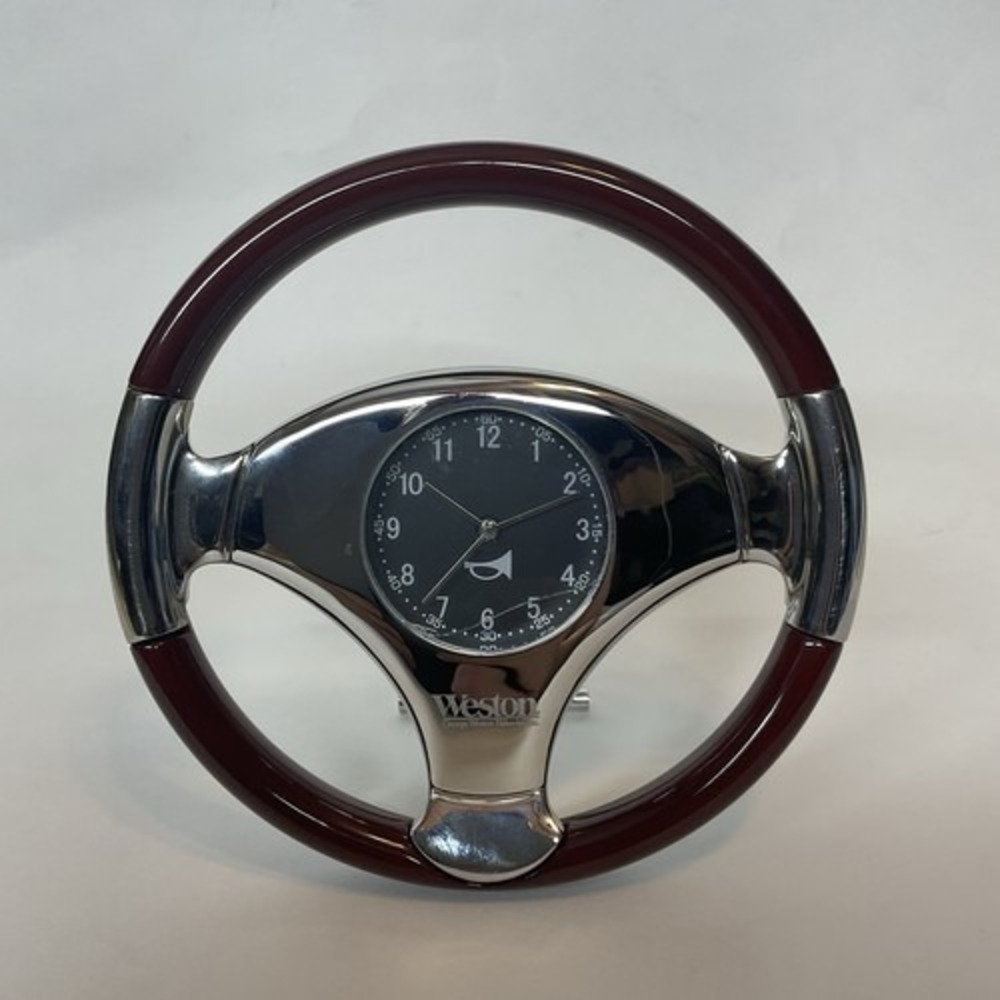 Vintage Weston Chrome and‎ Brown Steering Wheel Desk Clock 6" FLAW